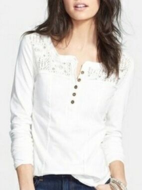 Free People White Crochet-Trim Henley Long-Sleeve Top